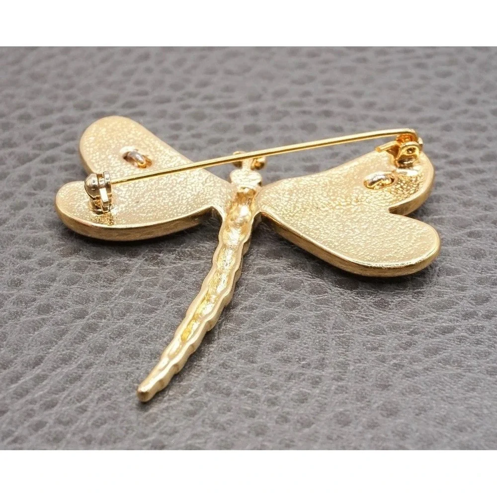 Vintage Dragonfly Brooch with Textured Wings Two Tone Gold Tone Silver Tone